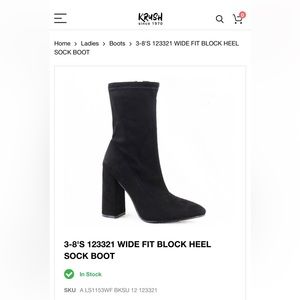 Krush since 1970 Wide Fit Black BLOCK HEEL SOCK BOOT - size 8